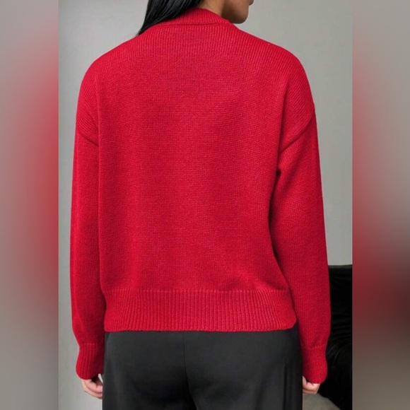 Shein Red Knit Cardigan with Black Flower Accent – Size M Office Church Party - Picture 10 of 11